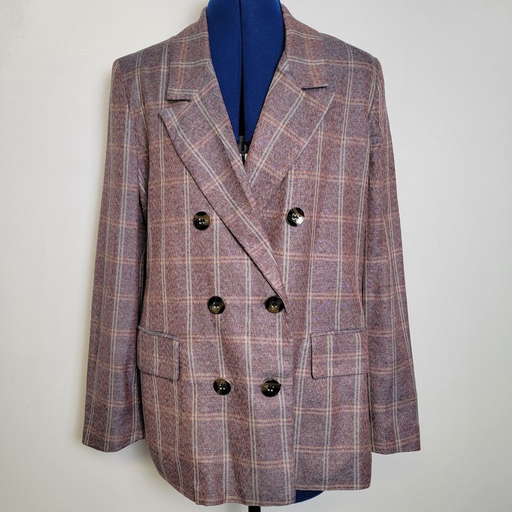7th Ave Design Studio Womens Purple Herringbone Plaid Dbl Breasted Blazer M NWOT